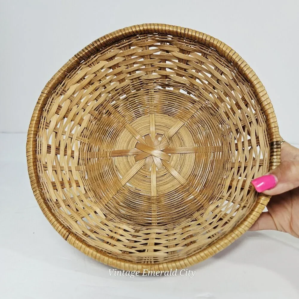 Vtg Round Open Woven Wicker Ratan Basket Catch All Bread Boho Decor MCM Handmade